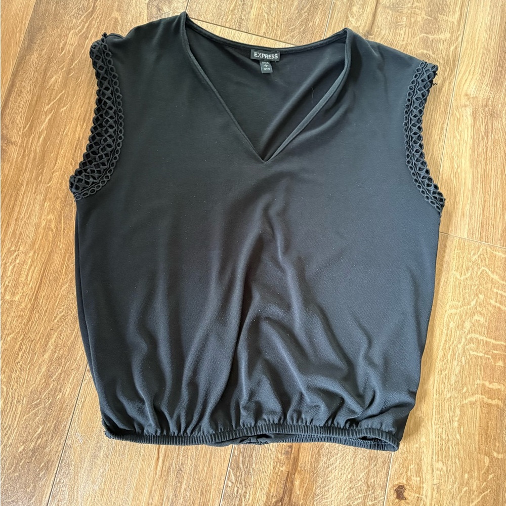 Express Black V-Neck Tank with Crochet Sleeve Trim